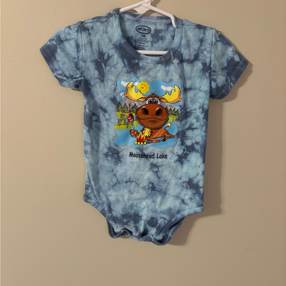 Blue and Yellow Tie-Dye Bodysuit with Cartoon Graphic